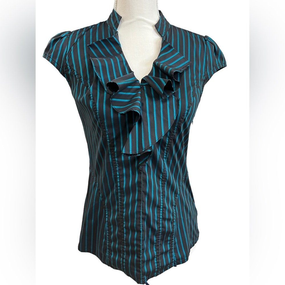 Express Elite Teal Stripe Ruffle Blouse Career Top Y2K Stretch Small - Picture 2 of 6